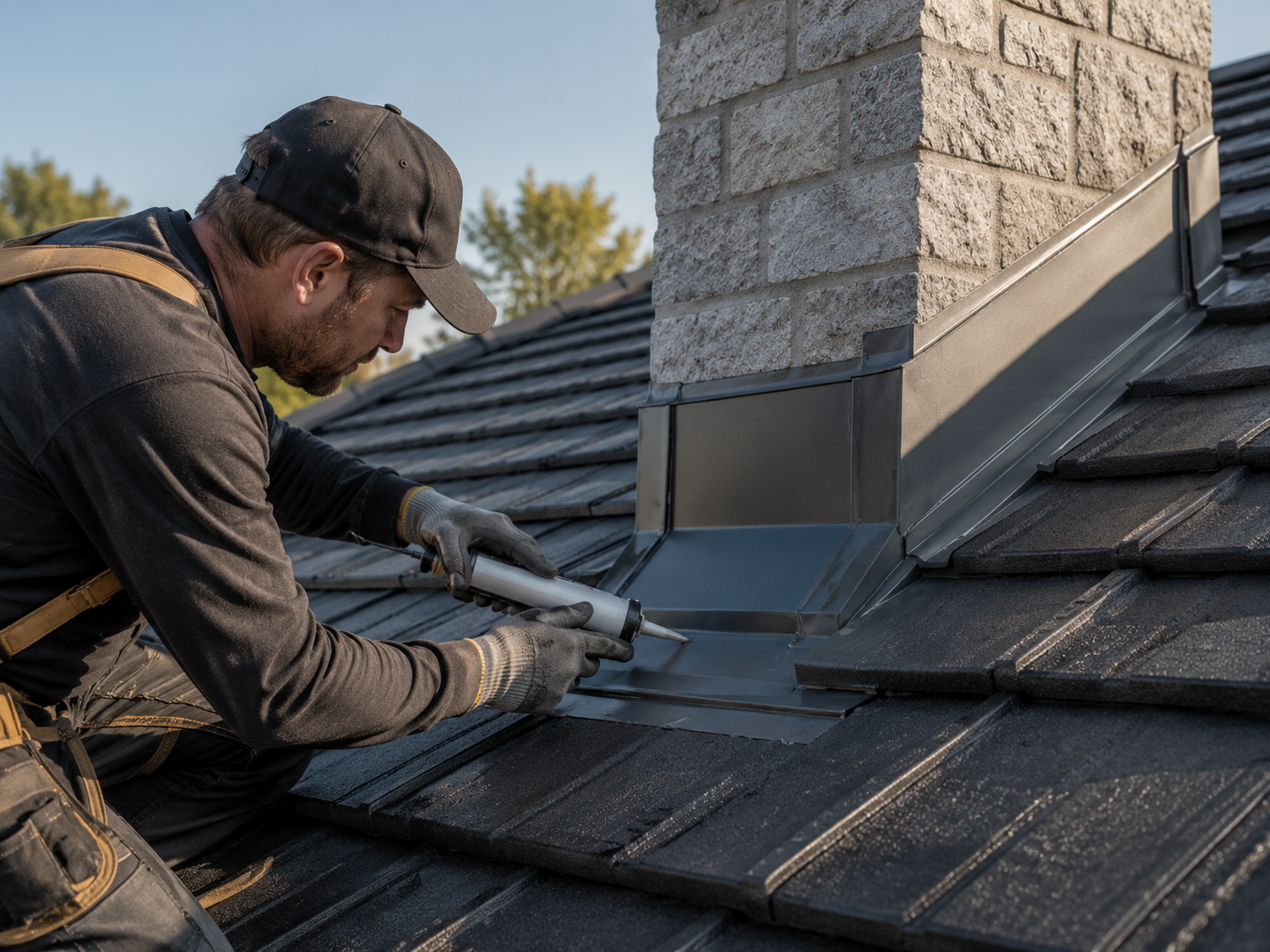 Close-up of replaced ridge capping and pointing on a Geelong tile roof